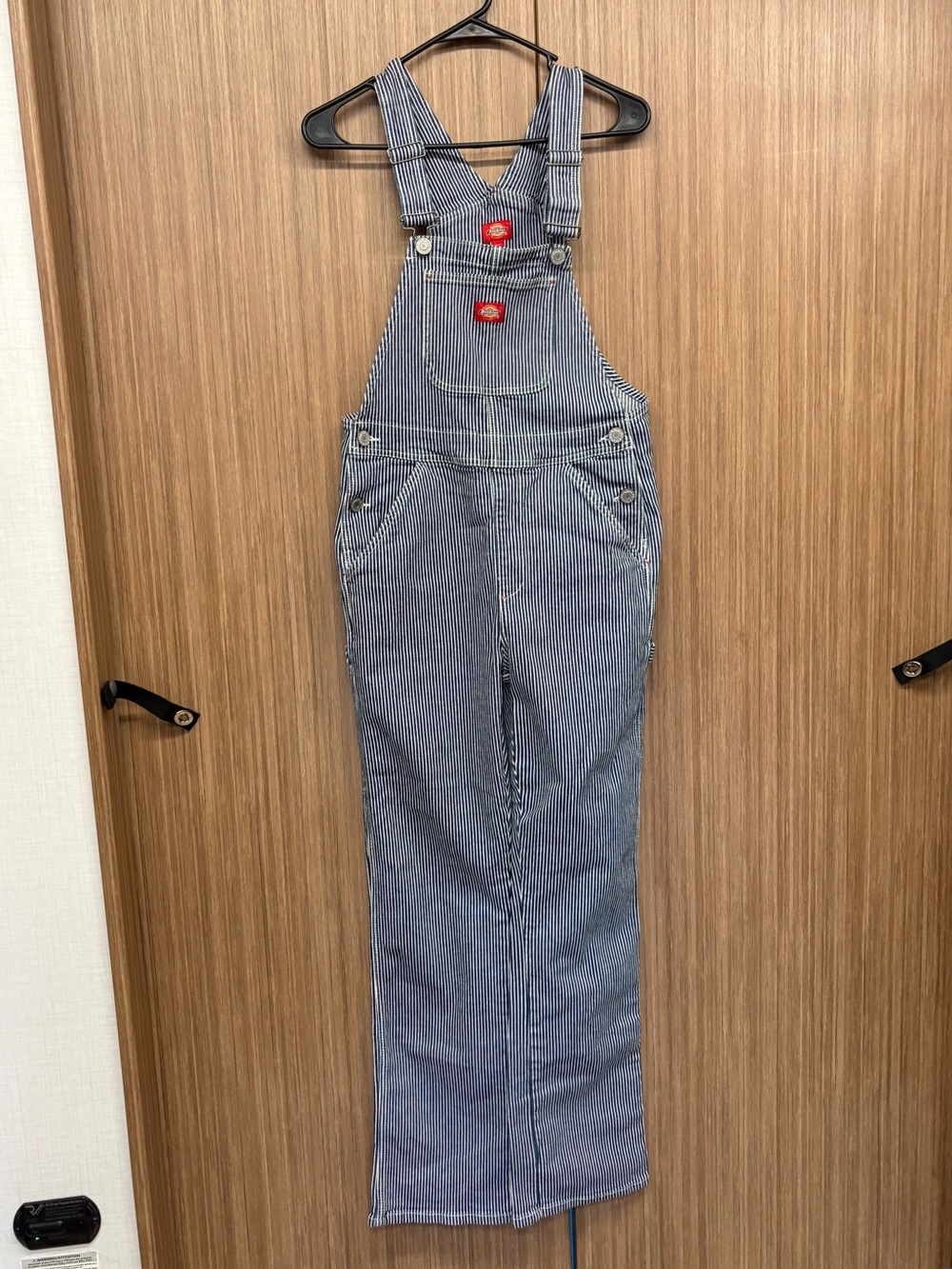 Dickies Women's Blue Pinstripe Carpenter Overalls with Red Logo